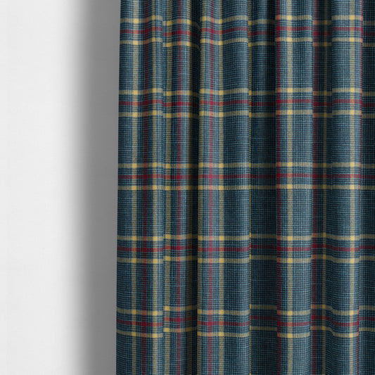 Shaldon Woven Tartan Pattern Upholstery Fabric In Blue Background With Red - Made To Measure Curtains