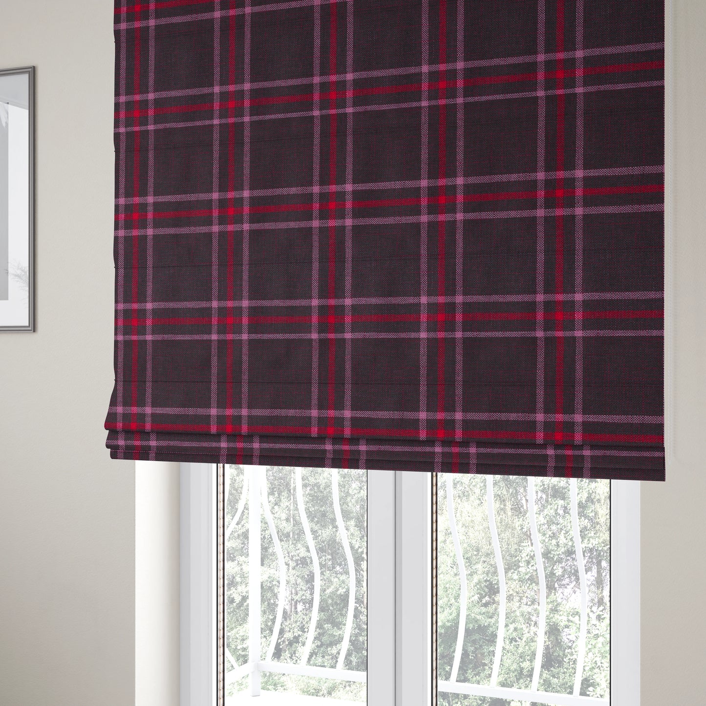 Shaldon Woven Tartan Pattern Upholstery Fabric In Purple Background With Red - Roman Blinds