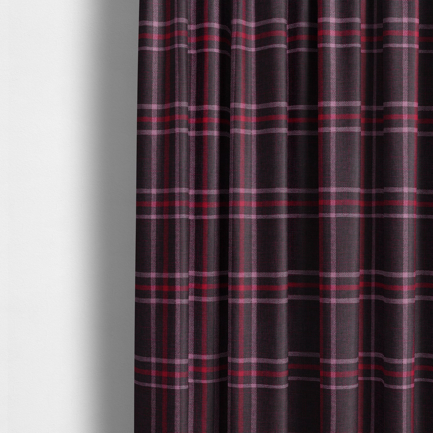 Shaldon Woven Tartan Pattern Upholstery Fabric In Purple Background With Red - Made To Measure Curtains