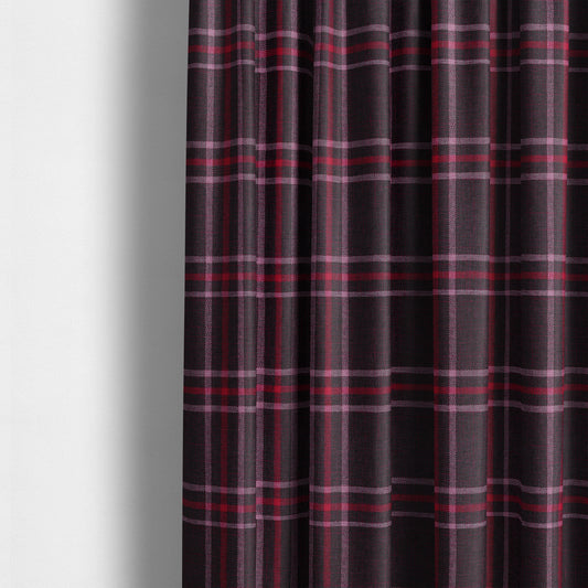 Shaldon Woven Tartan Pattern Upholstery Fabric In Purple Background With Red - Made To Measure Curtains