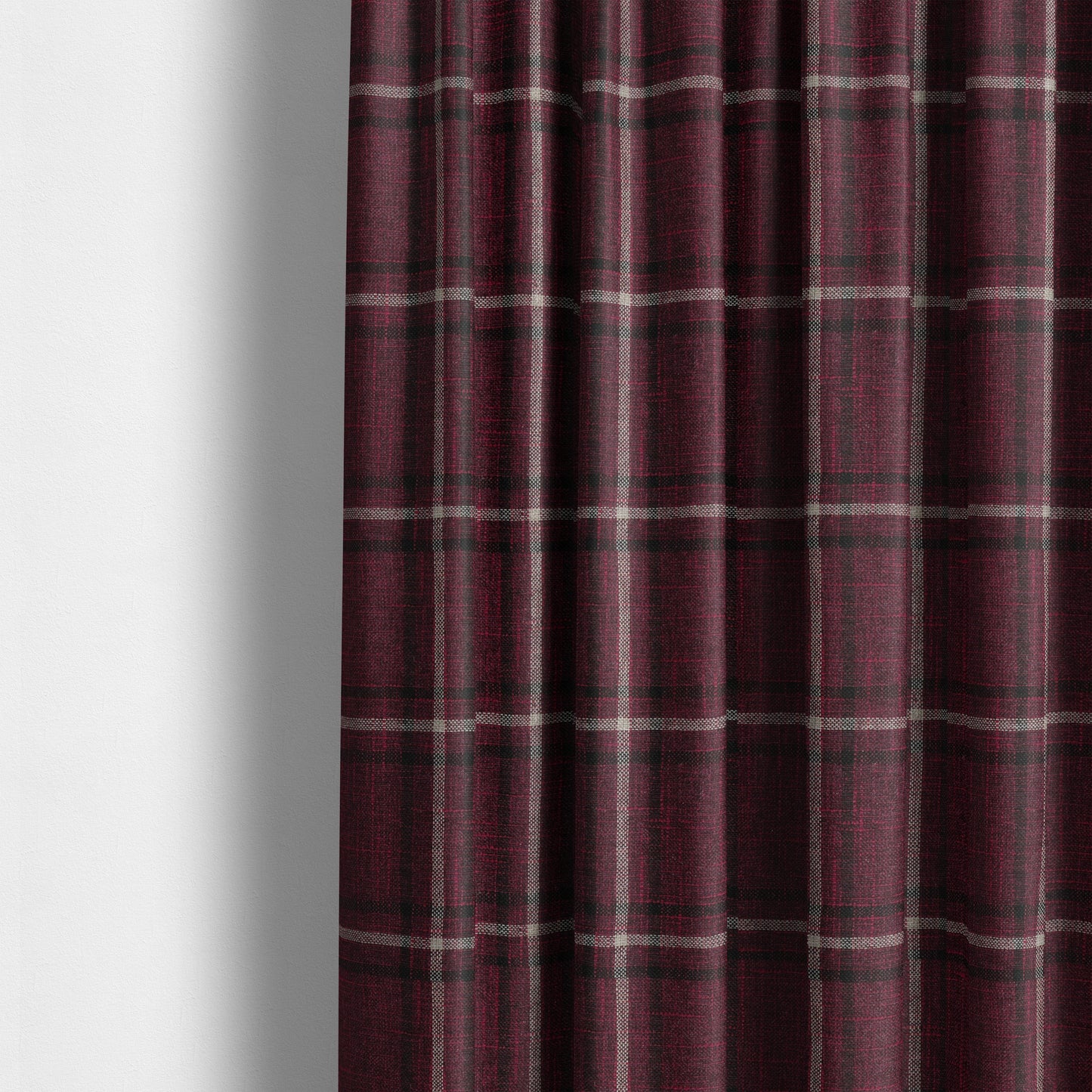 Shaldon Woven Tartan Pattern Upholstery Fabric In Deep Purple Background With Black - Made To Measure Curtains