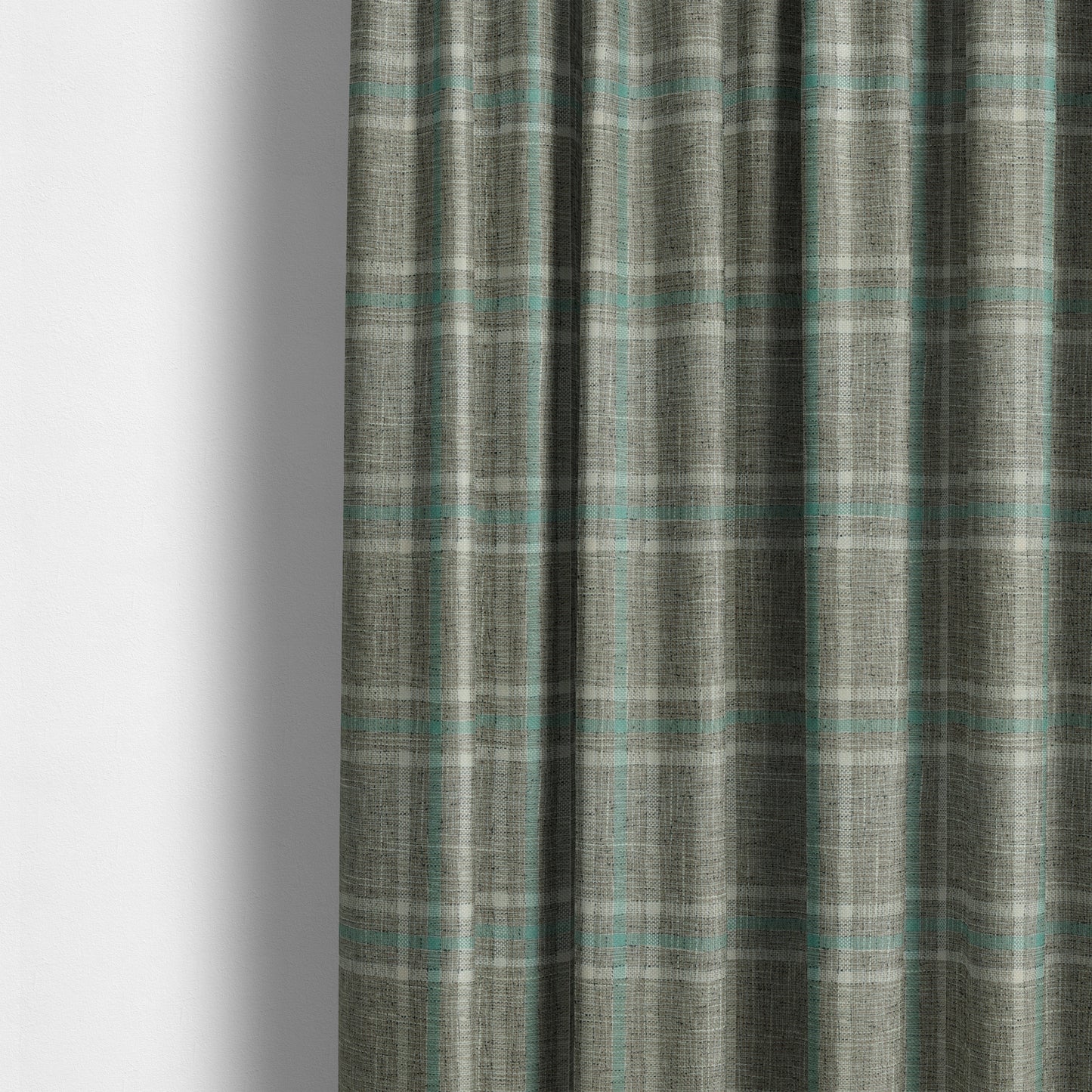 Shaldon Woven Tartan Pattern Upholstery Fabric In Silver Background With Blue - Made To Measure Curtains