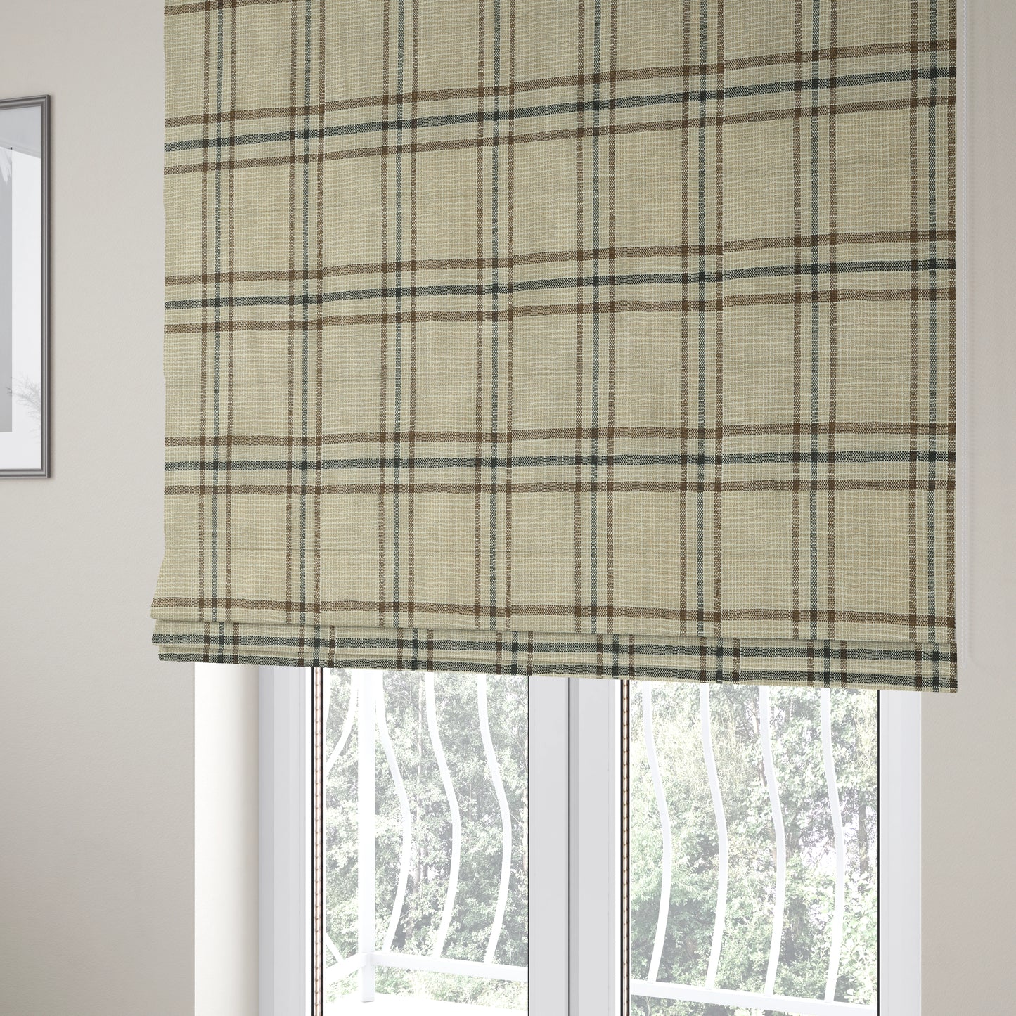 Shaldon Woven Tartan Pattern Upholstery Fabric In Beige Background With Black - Roman Blinds