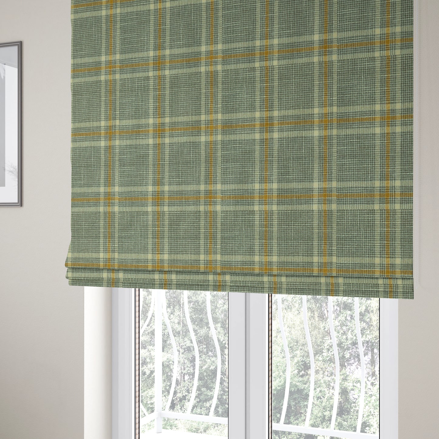 Shaldon Woven Tartan Pattern Upholstery Fabric In Grey Background With Yellow - Roman Blinds