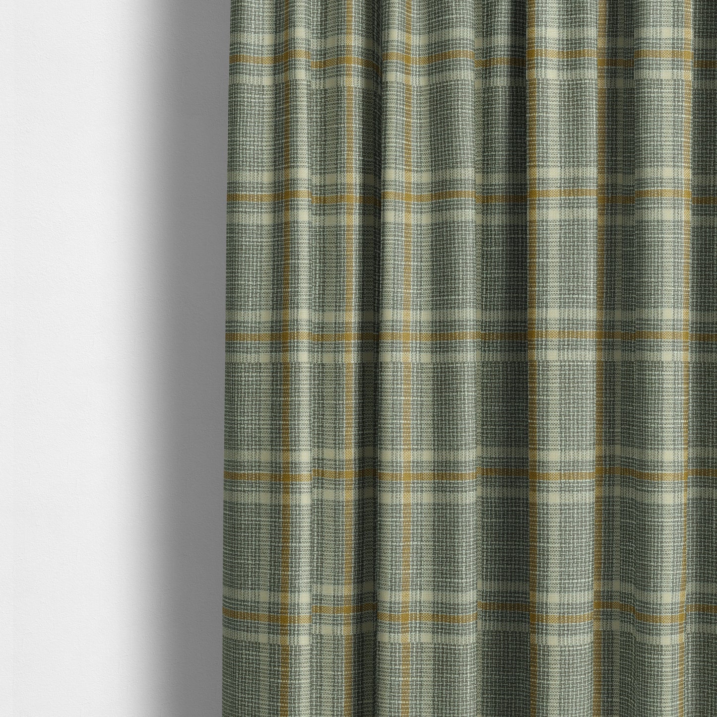 Shaldon Woven Tartan Pattern Upholstery Fabric In Grey Background With Yellow - Made To Measure Curtains