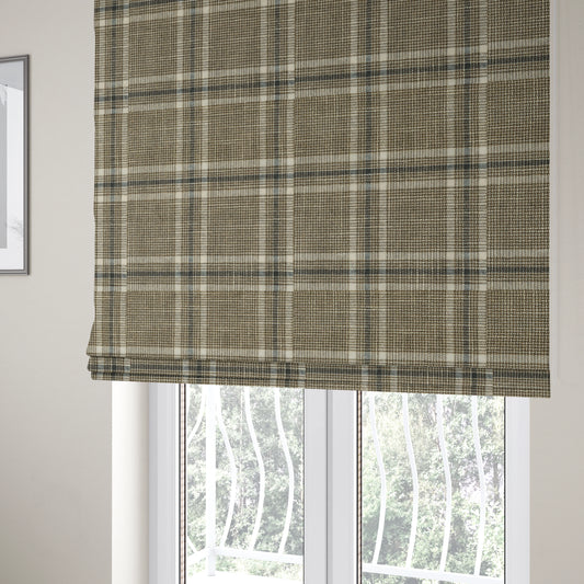 Shaldon Woven Tartan Pattern Upholstery Fabric In Brown White Background With White - Roman Blinds