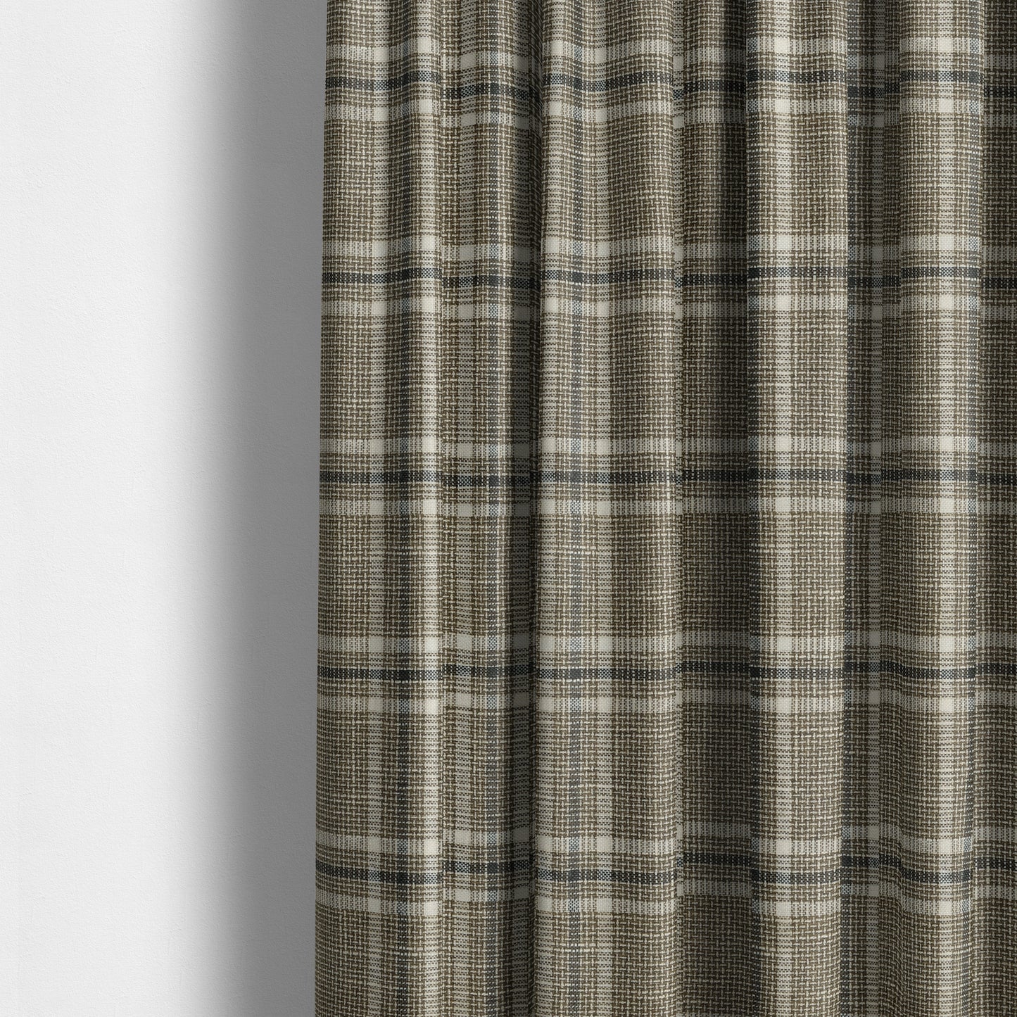 Shaldon Woven Tartan Pattern Upholstery Fabric In Brown White Background With White - Made To Measure Curtains