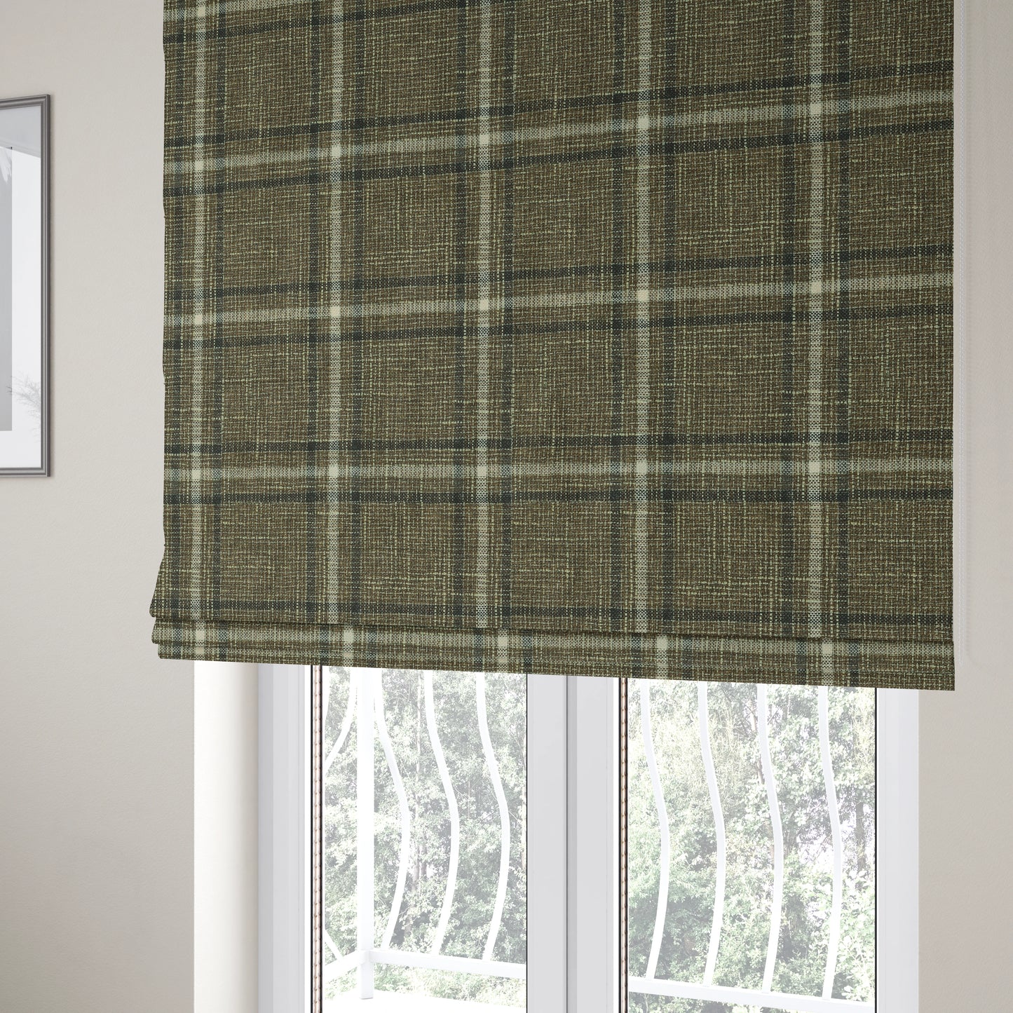 Shaldon Woven Tartan Pattern Upholstery Fabric In Brown Background With White - Roman Blinds