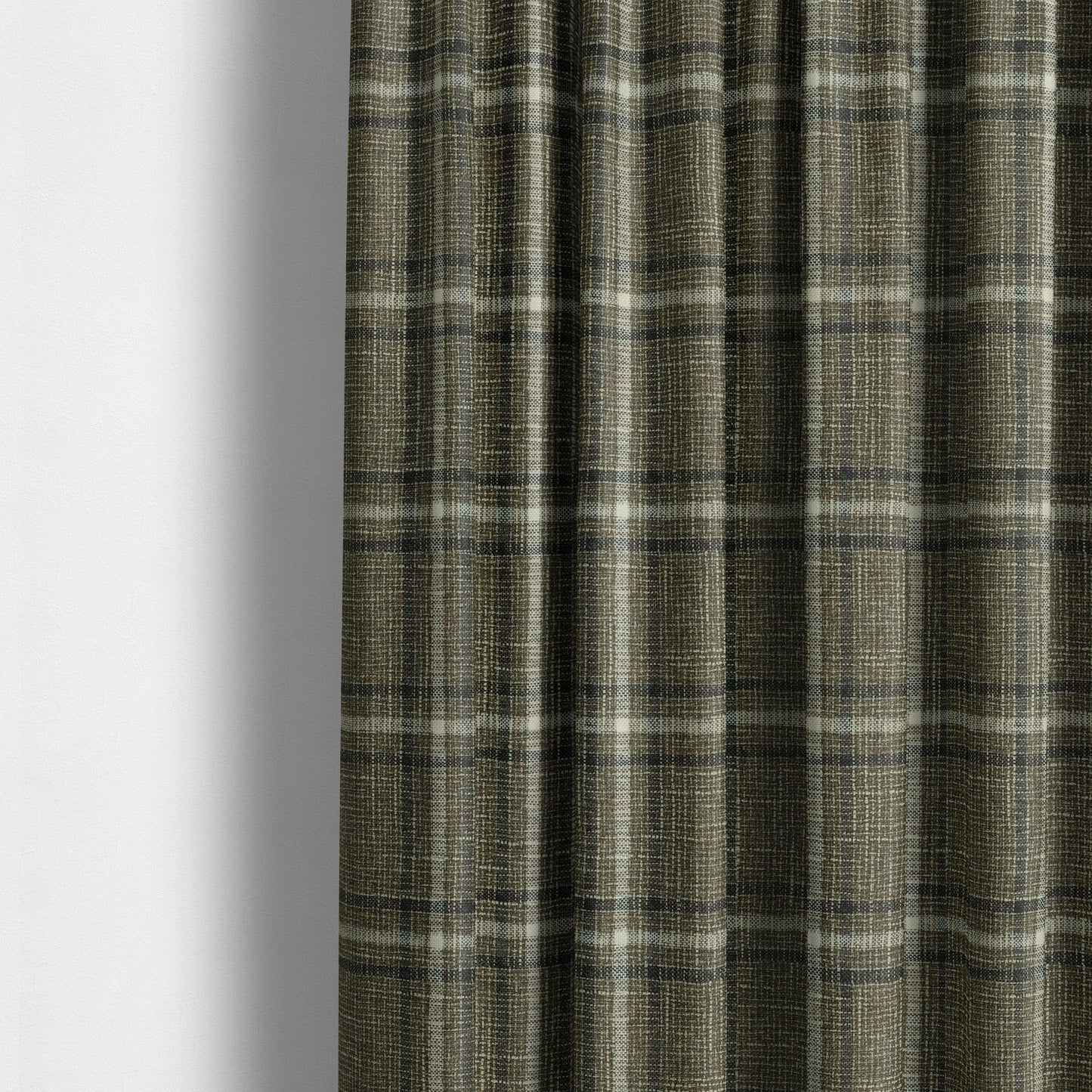 Shaldon Woven Tartan Pattern Upholstery Fabric In Brown Background With White - Made To Measure Curtains