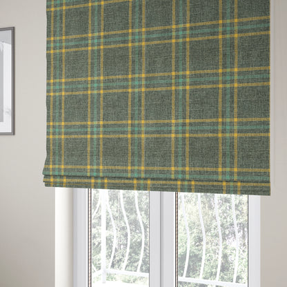 Shaldon Woven Tartan Pattern Upholstery Fabric In Grey Blue Background With Yellow - Roman Blinds