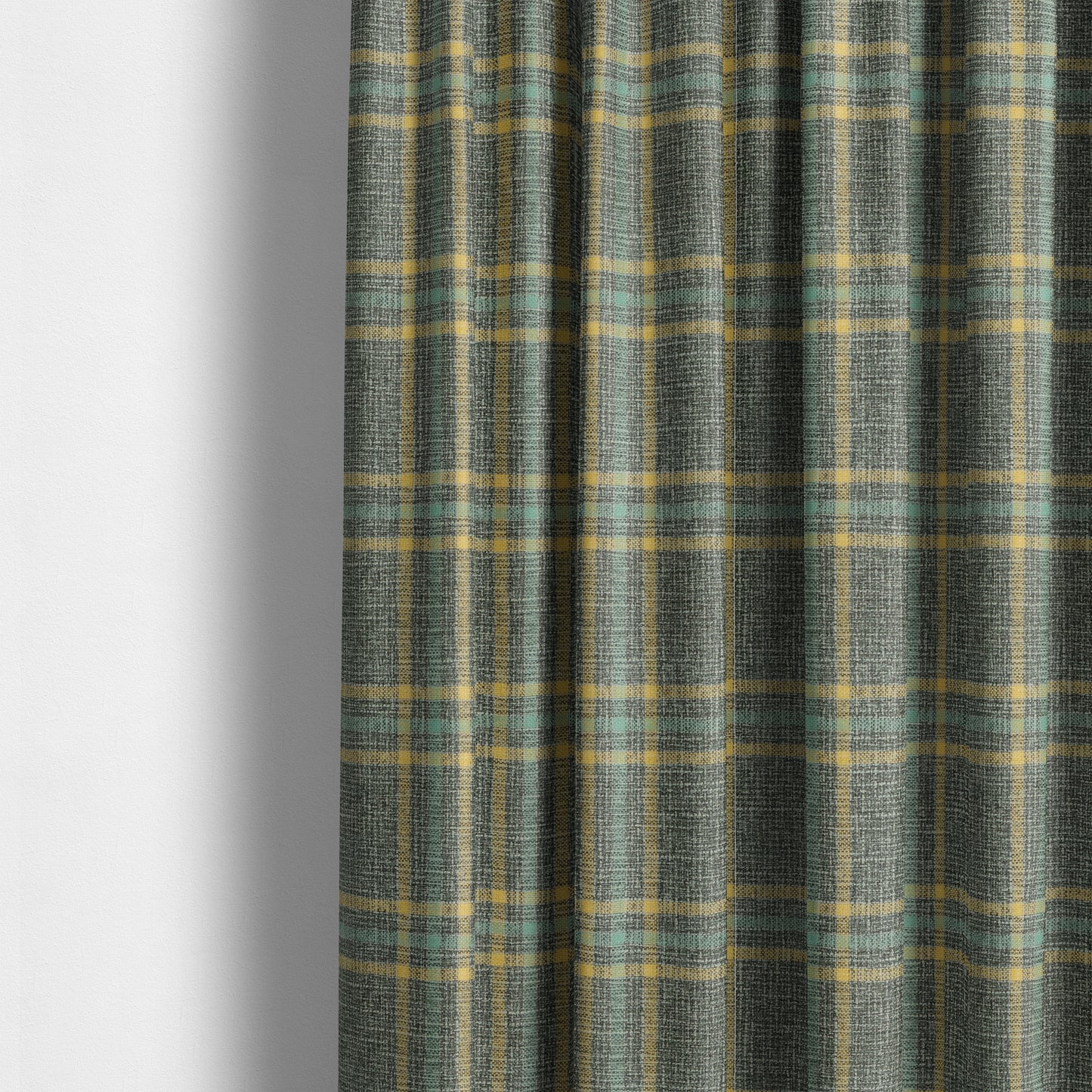 Shaldon Woven Tartan Pattern Upholstery Fabric In Grey Blue Background With Yellow - Made To Measure Curtains