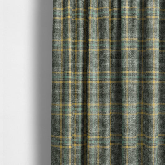 Shaldon Woven Tartan Pattern Upholstery Fabric In Grey Blue Background With Yellow - Made To Measure Curtains