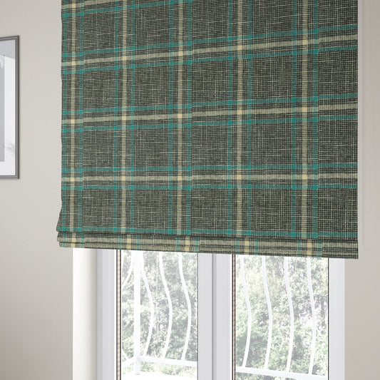 Shaldon Woven Tartan Pattern Upholstery Fabric In Grey Background With Blue - Roman Blinds