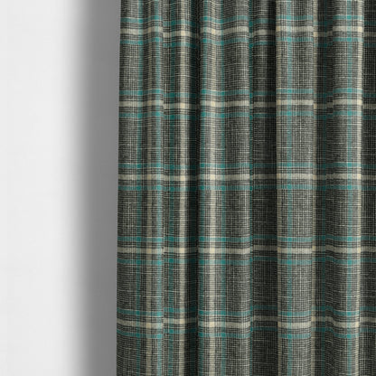 Shaldon Woven Tartan Pattern Upholstery Fabric In Grey Background With Blue - Made To Measure Curtains