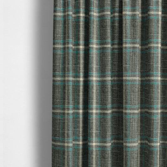 Shaldon Woven Tartan Pattern Upholstery Fabric In Grey Background With Blue - Made To Measure Curtains