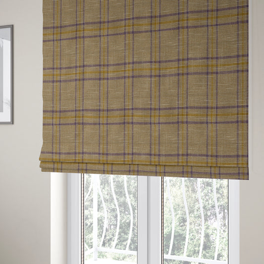 Shaldon Woven Tartan Pattern Upholstery Fabric In Golden Yellow Background With Purple - Roman Blinds