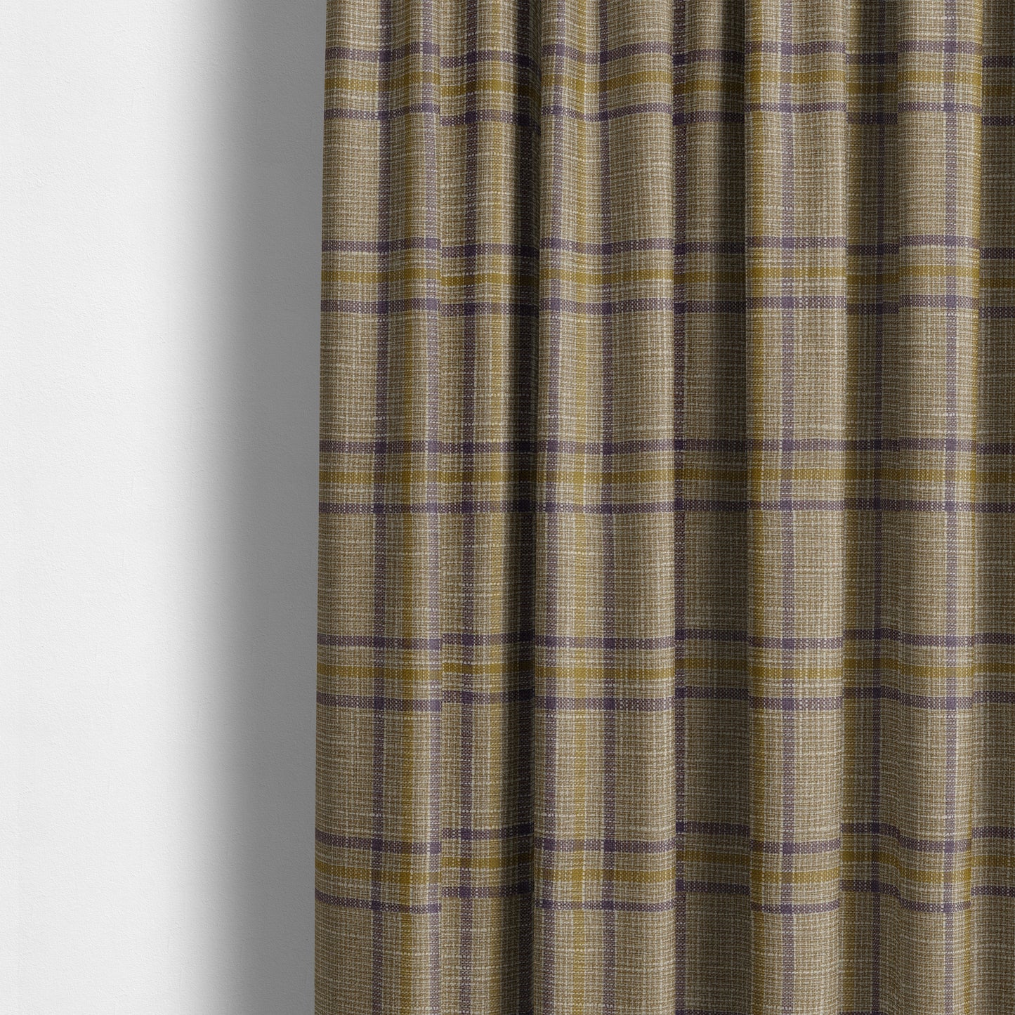 Shaldon Woven Tartan Pattern Upholstery Fabric In Golden Yellow Background With Purple - Made To Measure Curtains