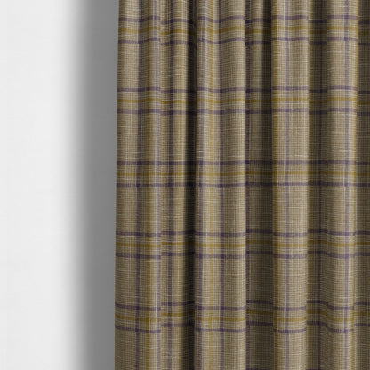 Shaldon Woven Tartan Pattern Upholstery Fabric In Golden Yellow Background With Purple - Made To Measure Curtains