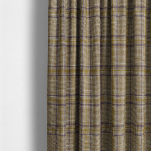 Shaldon Woven Tartan Pattern Upholstery Fabric In Golden Yellow Background With Purple - Made To Measure Curtains