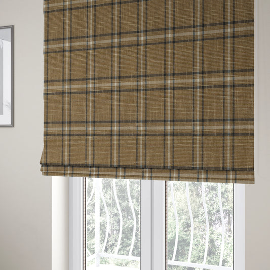 Shaldon Woven Tartan Pattern Upholstery Fabric In Golden Brown Background With Black - Roman Blinds