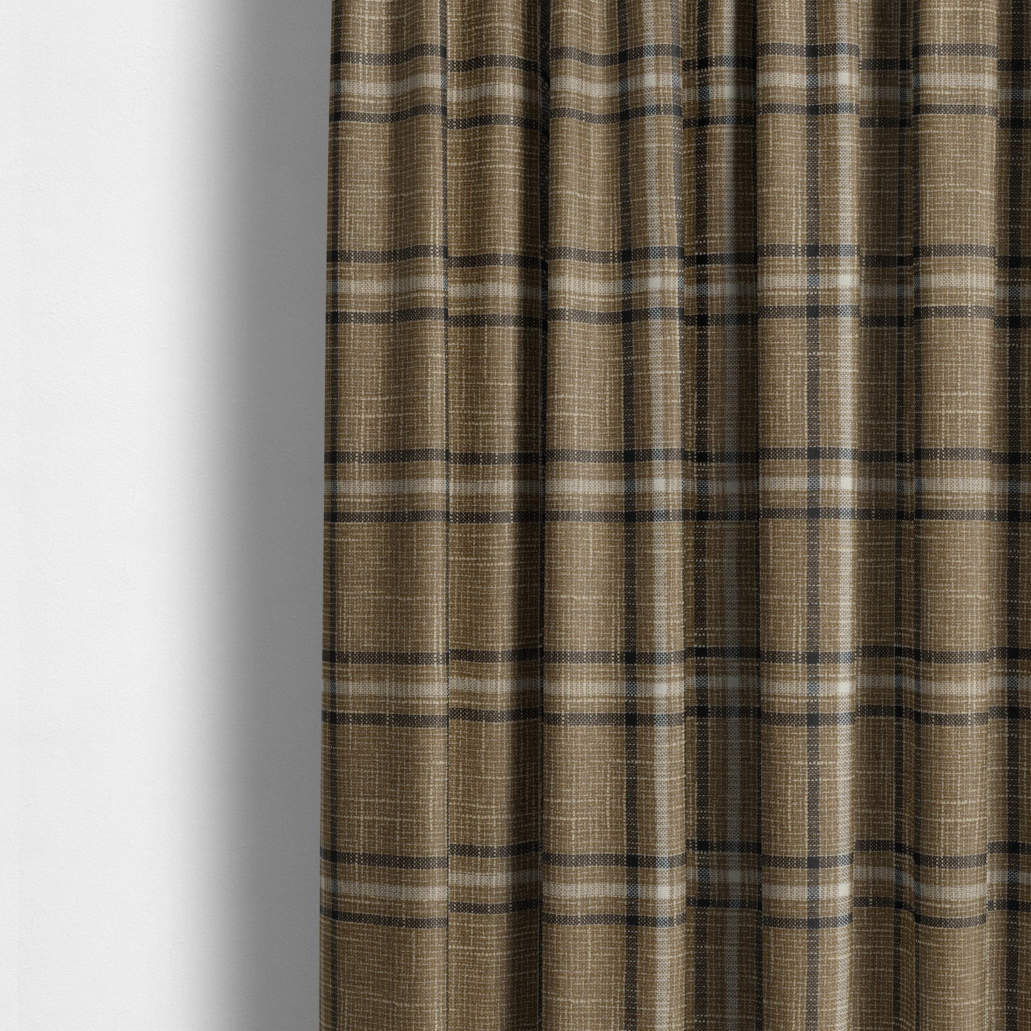 Shaldon Woven Tartan Pattern Upholstery Fabric In Golden Brown Background With Black - Made To Measure Curtains