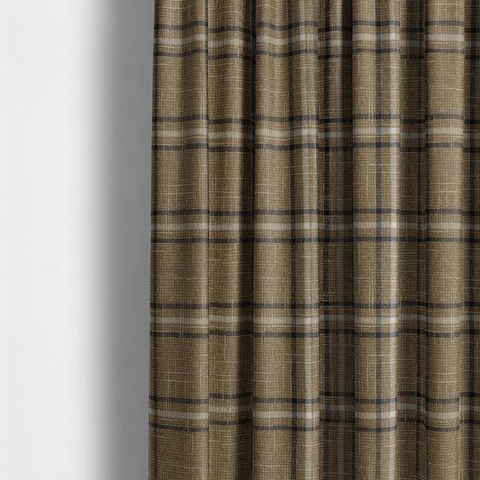 Shaldon Woven Tartan Pattern Upholstery Fabric In Golden Brown Background With Black - Made To Measure Curtains