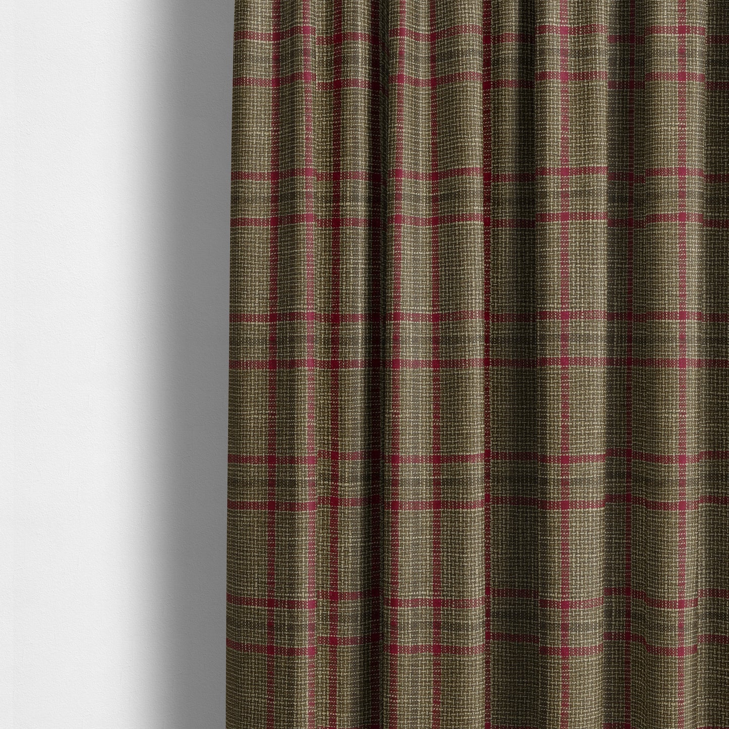 Shaldon Woven Tartan Pattern Upholstery Fabric In Golden Brown Background With Red - Made To Measure Curtains