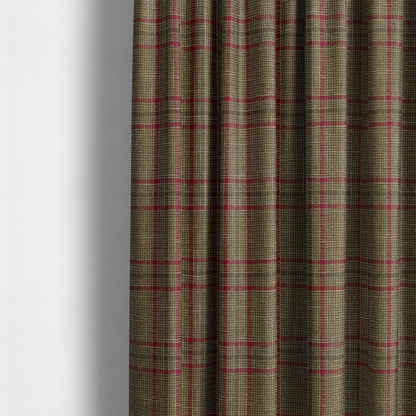 Shaldon Woven Tartan Pattern Upholstery Fabric In Golden Brown Background With Red - Made To Measure Curtains