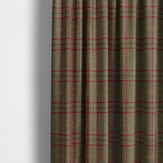 Shaldon Woven Tartan Pattern Upholstery Fabric In Golden Brown Background With Red - Made To Measure Curtains