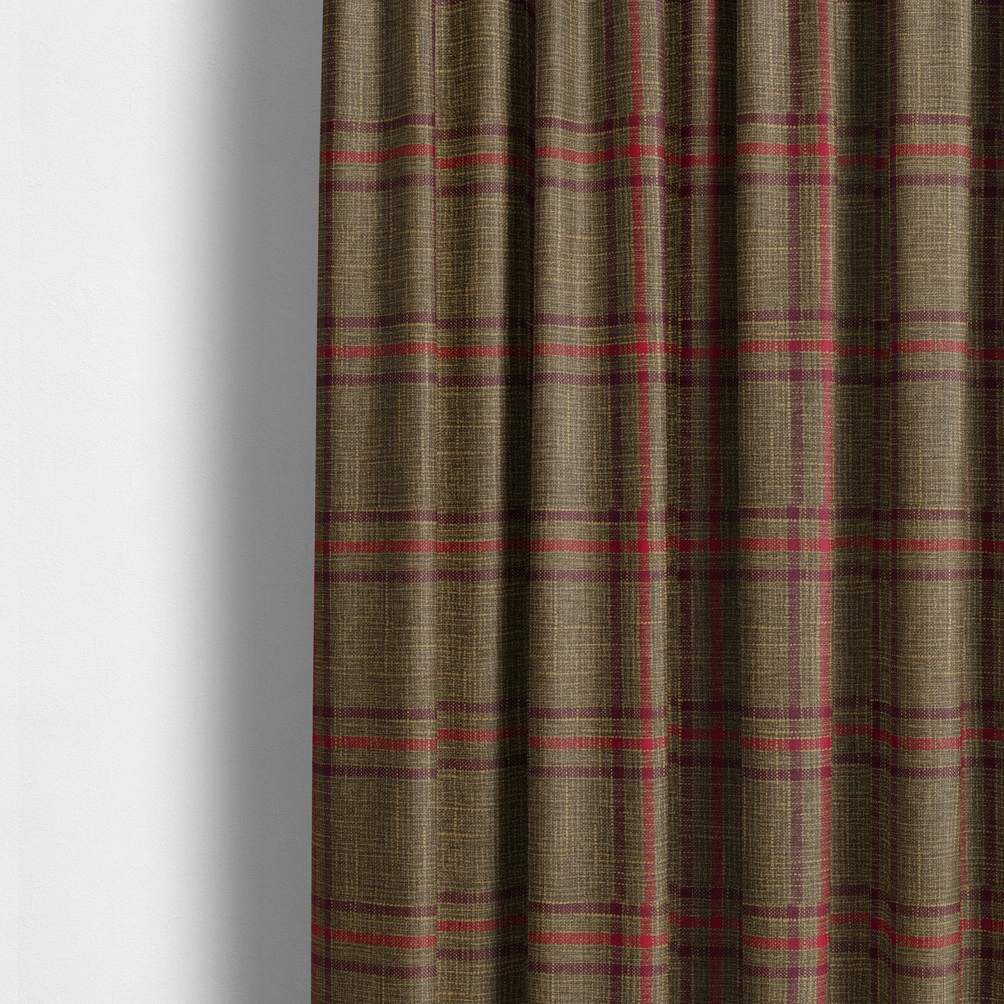 Shaldon Woven Tartan Pattern Upholstery Fabric In Golden Brown Background With Purple - Made To Measure Curtains