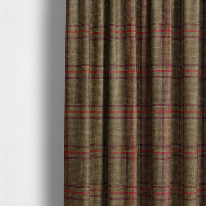 Shaldon Woven Tartan Pattern Upholstery Fabric In Golden Brown Background With Purple - Made To Measure Curtains