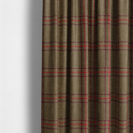 Shaldon Woven Tartan Pattern Upholstery Fabric In Golden Brown Background With Purple - Made To Measure Curtains