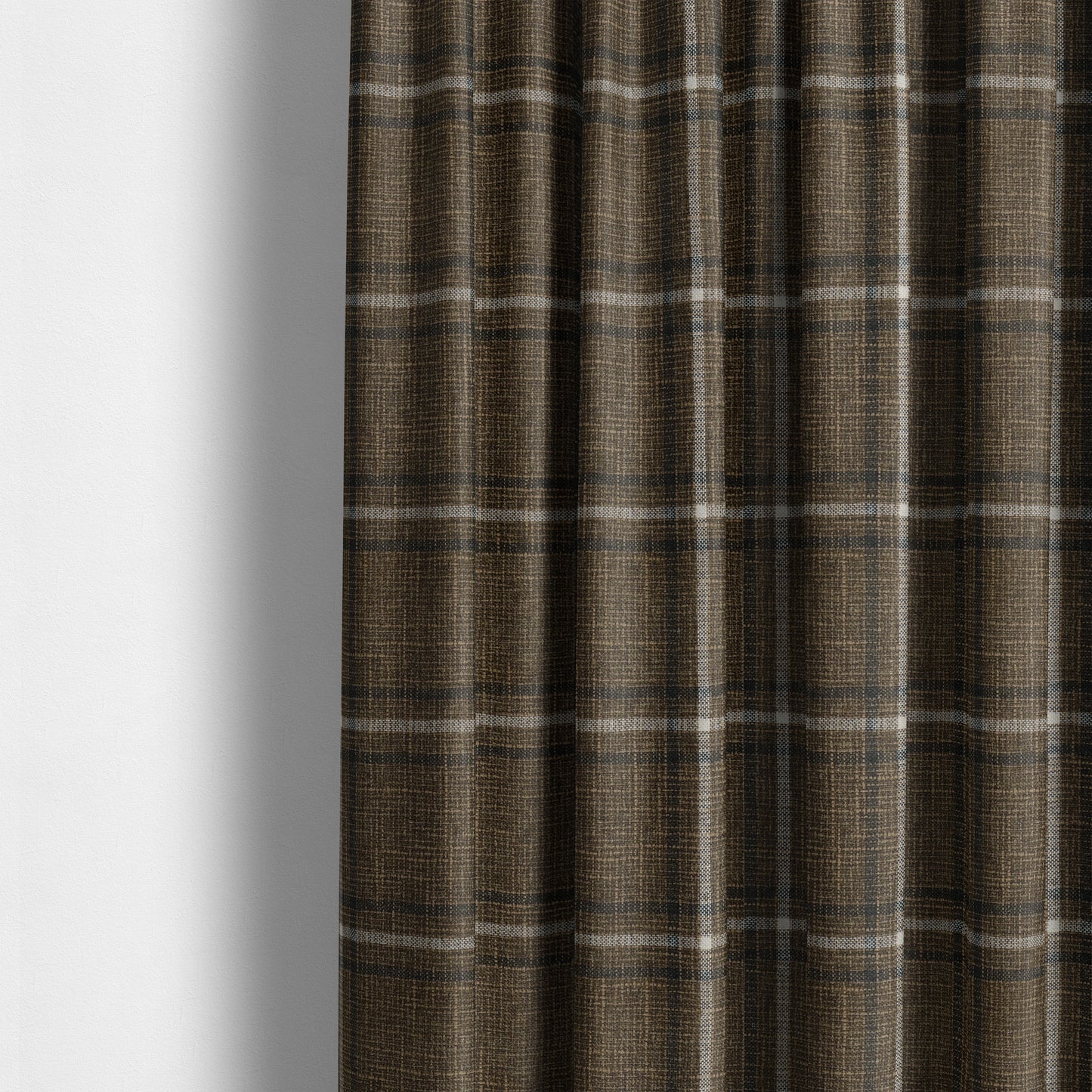 Shaldon Woven Tartan Pattern Upholstery Fabric In Brown Background With Black - Made To Measure Curtains