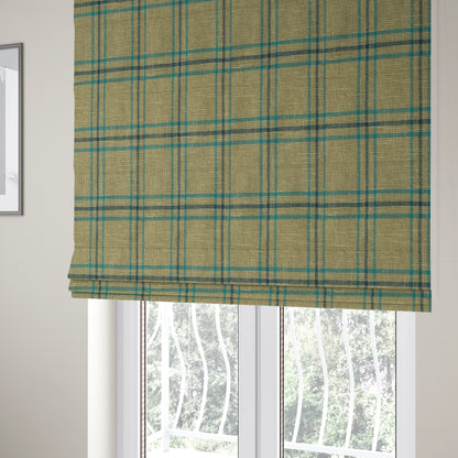 Shaldon Woven Tartan Pattern Upholstery Fabric In Wheat Beige Background With Blue - Roman Blinds