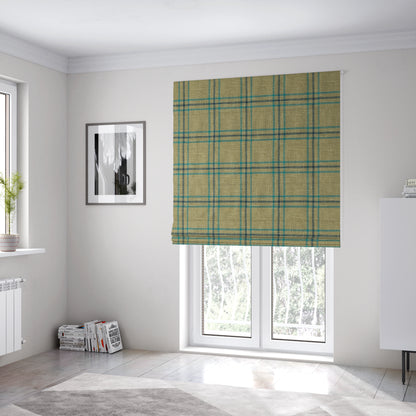 Shaldon Woven Tartan Pattern Upholstery Fabric In Wheat Beige Background With Blue - Roman Blinds