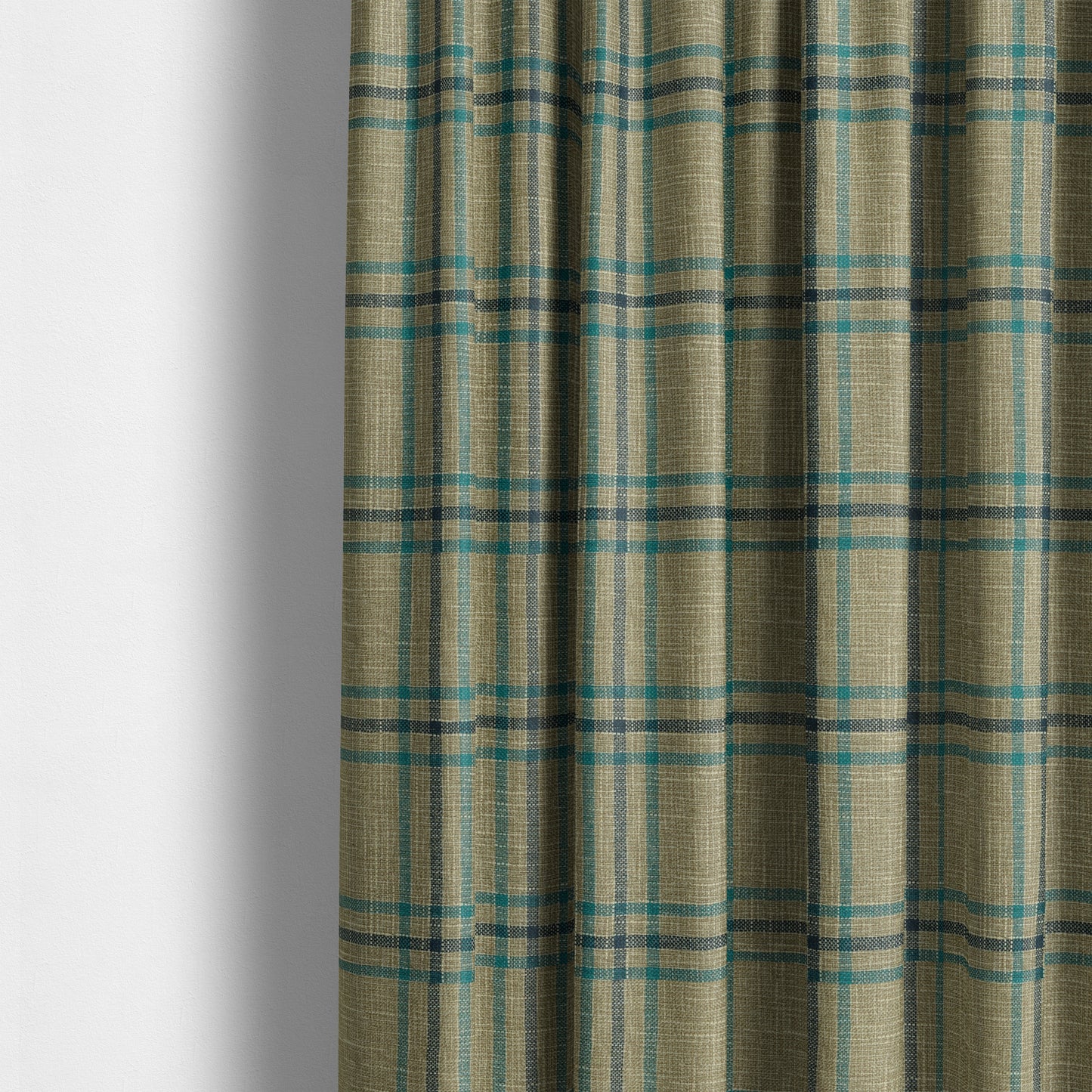 Shaldon Woven Tartan Pattern Upholstery Fabric In Wheat Beige Background With Blue - Made To Measure Curtains