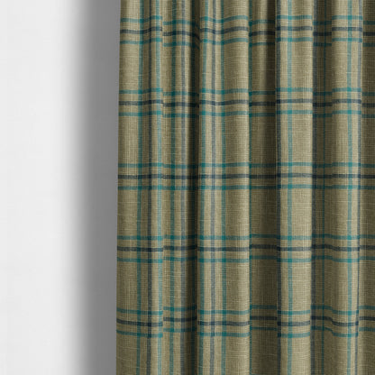 Shaldon Woven Tartan Pattern Upholstery Fabric In Wheat Beige Background With Blue - Made To Measure Curtains