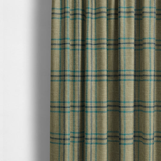 Shaldon Woven Tartan Pattern Upholstery Fabric In Wheat Beige Background With Blue - Made To Measure Curtains