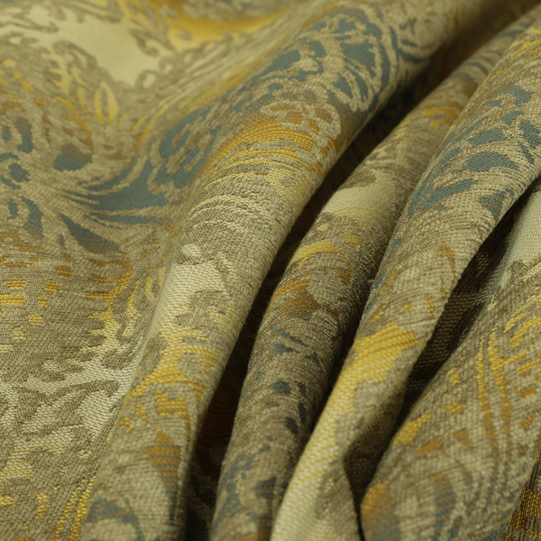 Damask Pattern Blue Yellow Silver Colour Chenille Upholstery Fabric - ZZ-238