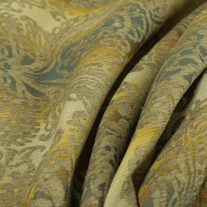 Damask Pattern Blue Yellow Silver Colour Chenille Upholstery Fabric - ZZ-238