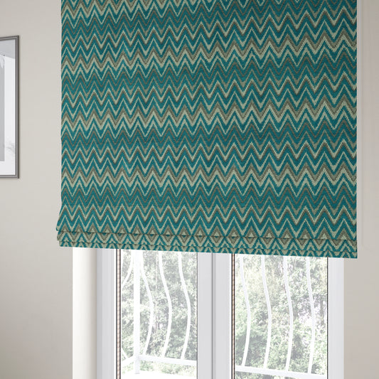 Zanzibar Chevron Pattern Soft Textured Chenille Material Blue Teal Colour Upholstery Fabrics - Roman Blinds