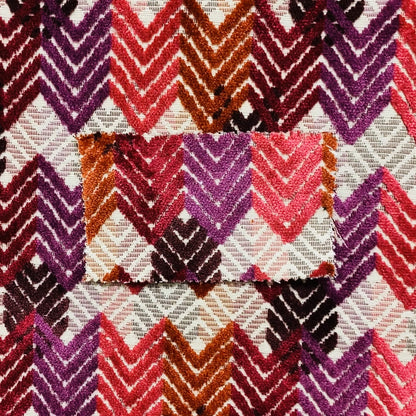 Ziani Geometric Chevron Stripe Pattern In Vibrant Orange Pink Purple Red Colour Velvet Upholstery Fabric JO-82 - Made To Measure Curtains