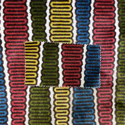 Ziani Designer Eclipsed Striped Pattern In Vibrant Yellow Blue Brown Red Green Colour Velvet Upholstery Fabric JO-144 - Made To Measure Curtains