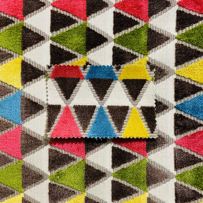 Ziani Geometric Le Triangle Pattern In Vibrant Green Pink Yellow Brown Blue Colour Velvet Upholstery Fabric JO-63 - Made To Measure Curtains