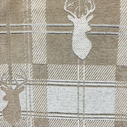 Highland Collection Luxury Soft Like Cotton Feel Stag Deer Head Animal Design On Checked Golden Beige Background Chenille Upholstery Fabric JO-108