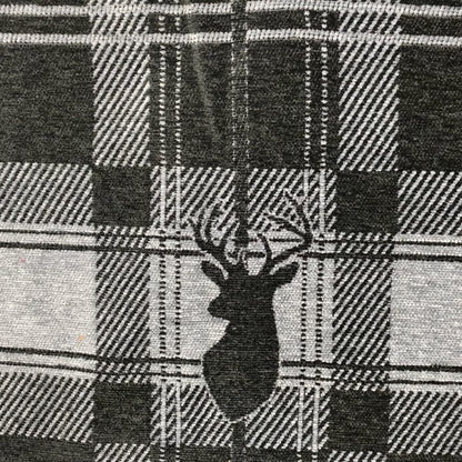 Highland Collection Luxury Soft Like Cotton Feel Stag Deer Head Animal Design On Checked Grey Black Background Chenille Upholstery Fabric JO-84