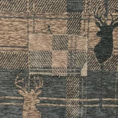 Highland Collection Luxury Soft Like Cotton Feel Stag Deer Head Animal Design On Checked Brown Chocolate Background Chenille Upholstery Fabric JO-25