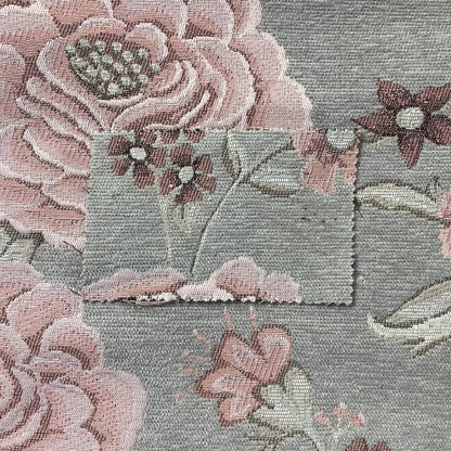 Anna Rose Grey Pink Colour Large Floral Leaf Soft Chenille Fabric JO-169 - Made To Measure Curtains