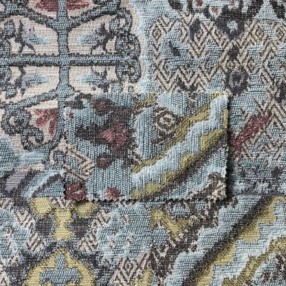 Blue Cream Colour Medallion Patchwork Style Pattern Soft Chenille Upholstery Fabric JO-1246 - Made To Measure Curtains