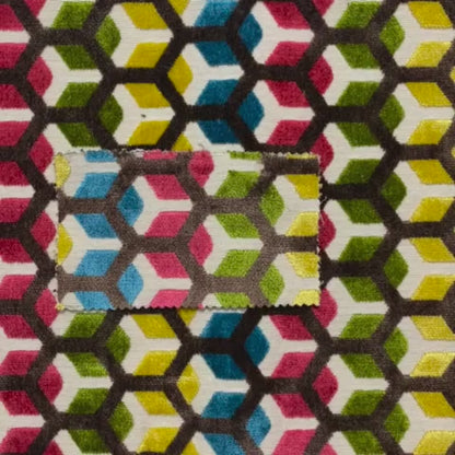 Ziani Geometric Hexagon Pattern In Vibrant Green Pink Yellow Brown Colour Velvet Upholstery Fabric JO-34 - Made To Measure Curtains